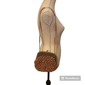 ANN ROBIN BAG SHOULDER VINTAGE BROWN BEADS RAFFIA CHAIN STRAP KISS LOCK HINGE